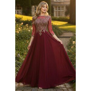 Clearance Burgundy Mother Of The Bride 3/4 Sleeve Modest Evening Gown By 8171